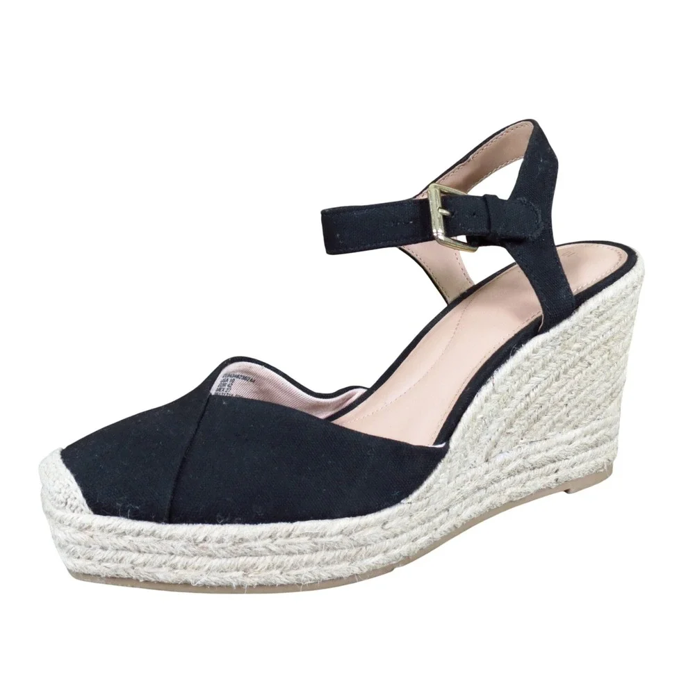 Time and Tru Women Espadrille Wedge Sandals Size 10 Summer Black Canvas Jute